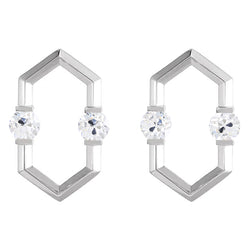 White Gold Hexagon Diamond Stud Earrings 2 Carats Round Old Miner