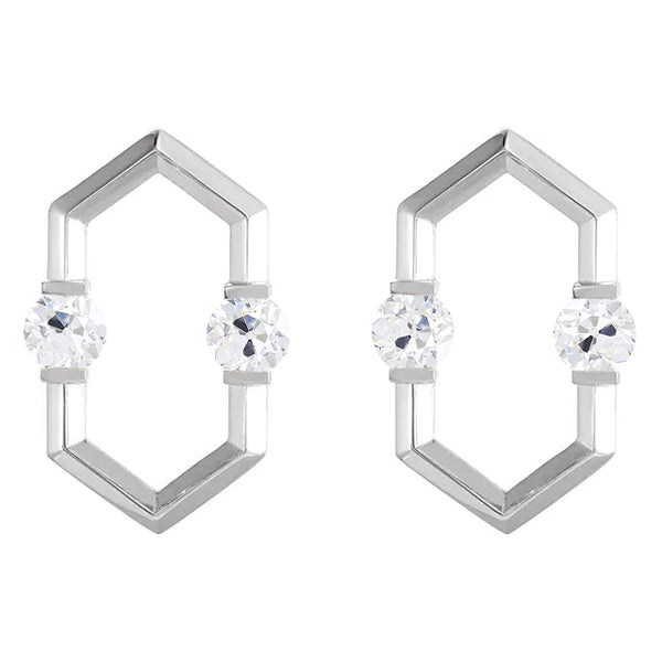 White Gold Hexagon Diamond Stud Earrings 2 Carats Round Old Miner
