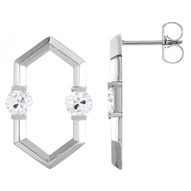 White Gold Hexagon Diamond Stud Earrings 2 Carats Round Old Miner