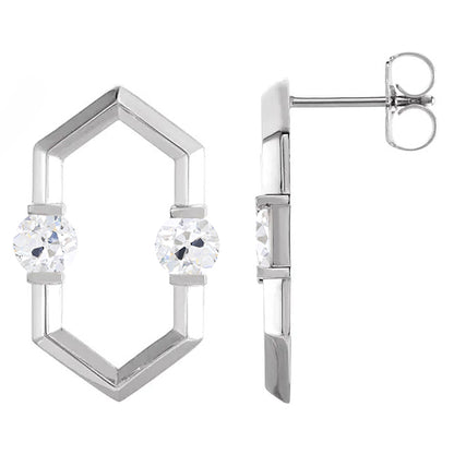 White Gold Hexagon Diamond Stud Earrings 2 Carats Round Old Miner