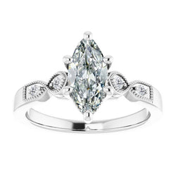 White Gold Marquise Natural Diamond Old Mine Solitaire Ring With Accents 1.50 Carats