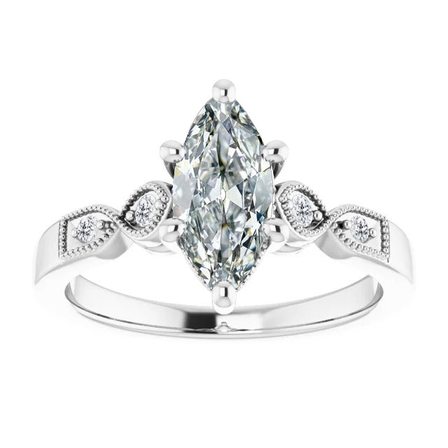 White Gold Marquise Diamond Old Mine Solitaire Ring With Accents 1.50 Carats