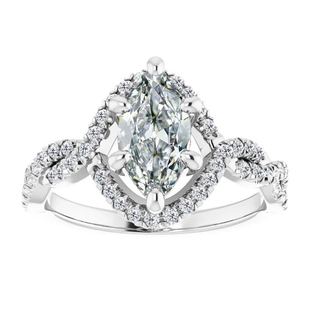 White Gold Marquise Old Cut Twisted Shank Diamond Ring 2.50 Carats