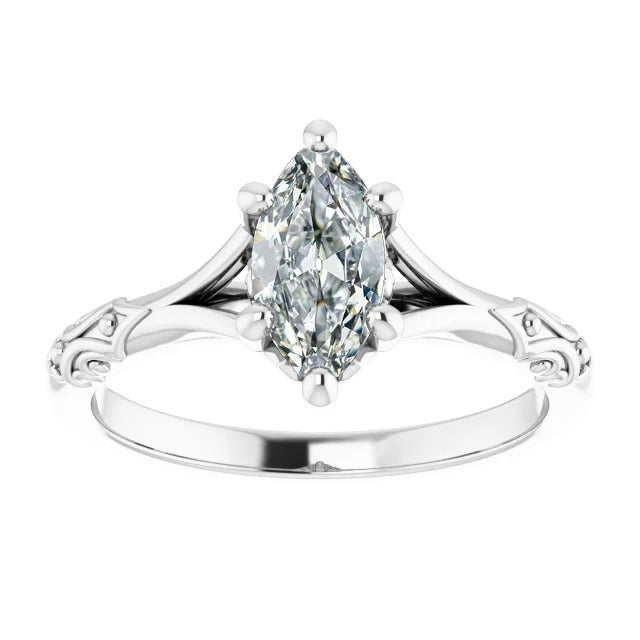 White Gold Marquise Old Mine Antique Style Diamond Ring 1 Carat