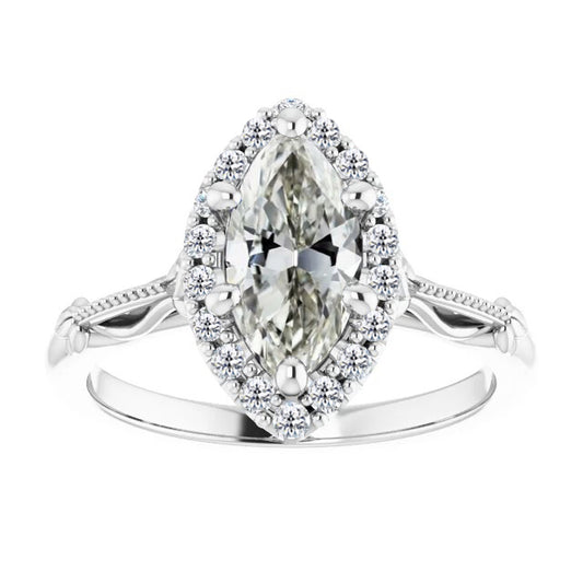 White Gold Marquise Old Mine Halo Diamond Vintage Style Ring 2 Carats