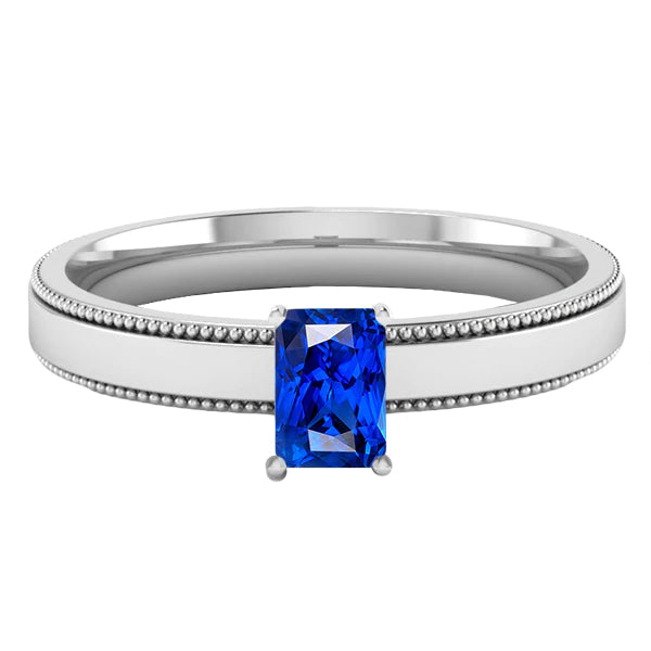 White Gold Men's Ring Solitaire Ceylon Sapphire 1.50 Ct Milgrain Shank