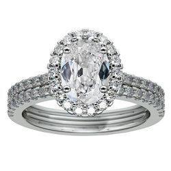 White Gold Oval Old Cut Diamond Round Halo Wedding Ring Set 7 Carats