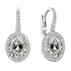 White Gold Oval & Round Old Cut Mined Diamond Halo Dangle Earrings 5 Carats