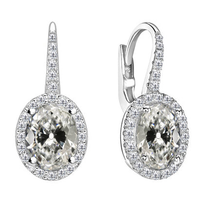 White Gold Oval & Round Old Cut Diamond Halo Dangle Earrings 5 Carats