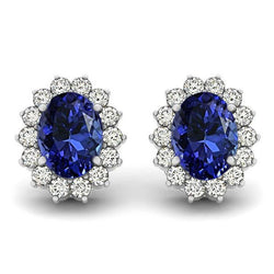 7.50 Carats Tanzanite With Natural Earth Mined Diamond Stud Earrings White Gold 14K