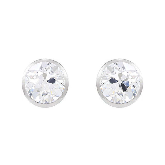 White Gold Stud Earrings 4 Ct Bezel Set Old Miner Diamond 