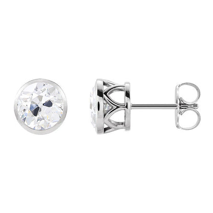 White Gold Stud Earrings 4 Ct Bezel Set Old Miner Diamond 
