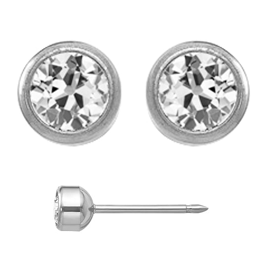 White Gold Stud Earrings Bezel Set Round Old Mine Diamond 3.50 Ct.