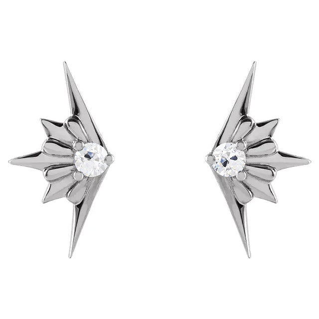 Wing Style Diamond Stud Earrings Round Old Mine Cut 1 Carat White Gold 