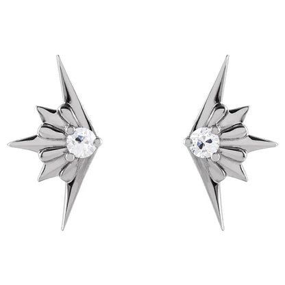 Wing Style Diamond Stud Earrings Round Old Mine Cut 1 Carat White Gold 