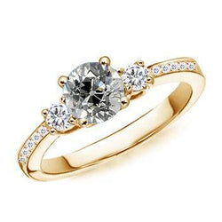 Women Gold 3 Stone Ring Round Old Cut Diamond With Accents 2.20 Carats