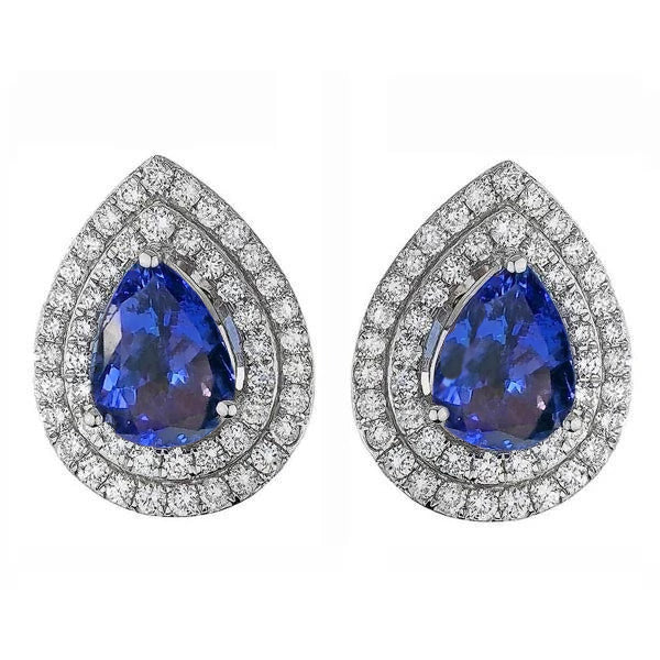 Women Stud Pave Halo Earrings 3.96 Carats Blue Tanzanite & Natural Earth Mined Diamonds