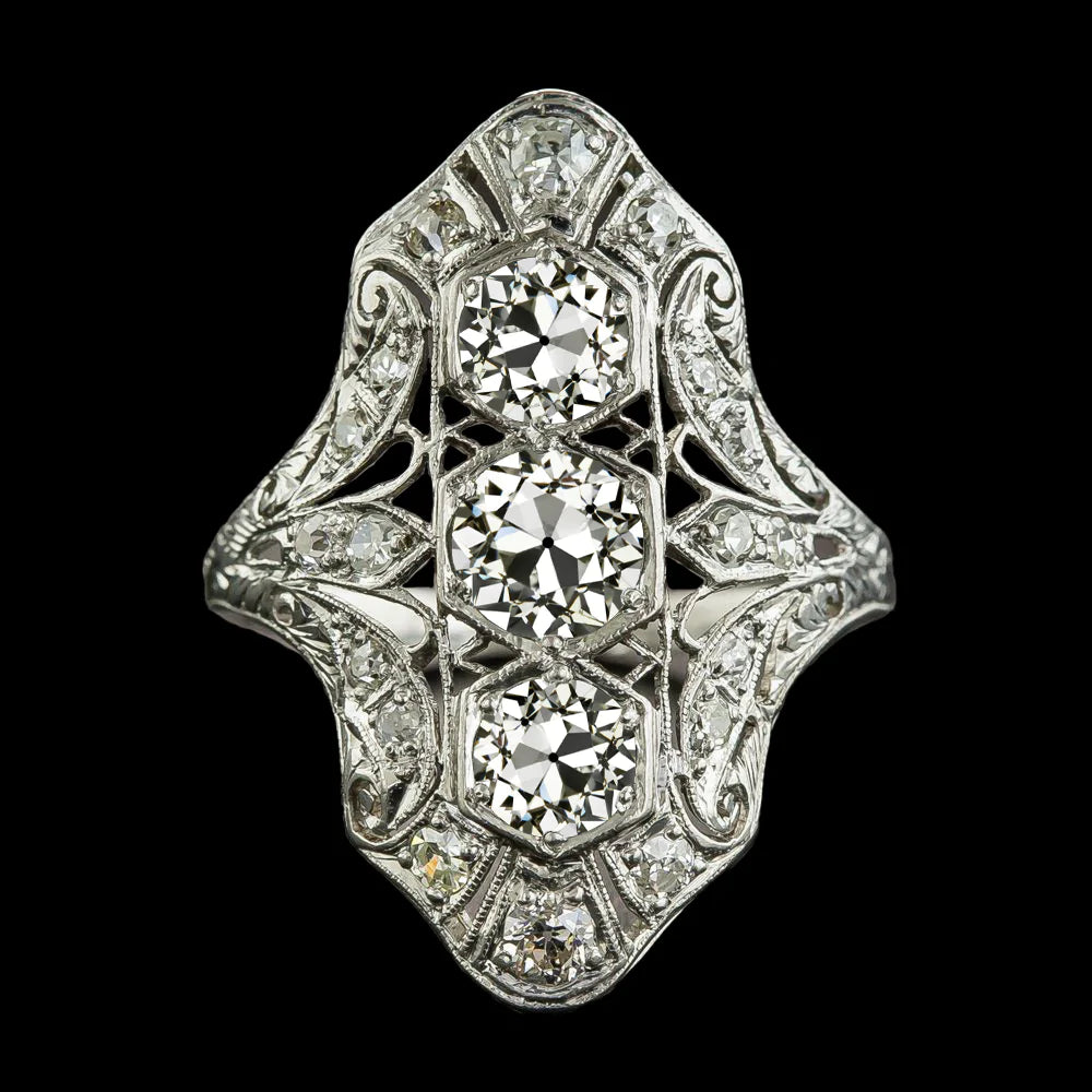 Women’s Antique Style Milligrain Ring Old Mine Cut Diamond 4.25 Carats