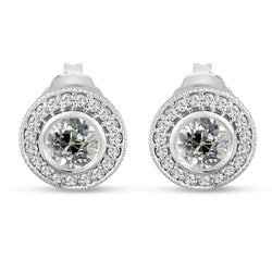 Women's Diamond Halo Stud Earrings Bezel Set Old Miner 6 Carats