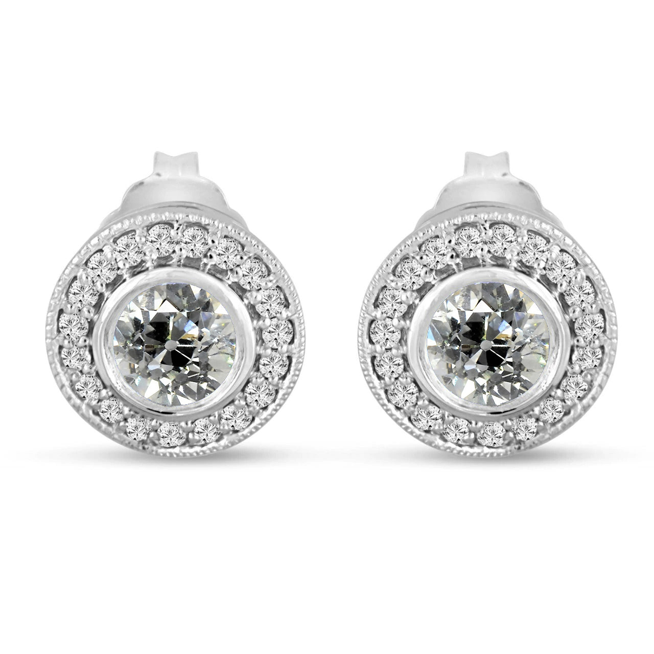 Women's Diamond Halo Stud Earrings Bezel Set Old Miner