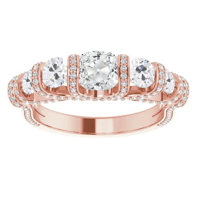 Women's Ring Rose Gold Cushion Old Mine Cut & Round Diamonds