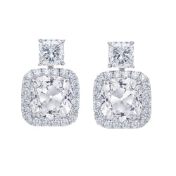 Womens Old Cut Cushion & Princess Natural Earth Mined Diamond Halo Drop Earrings 12 Carats