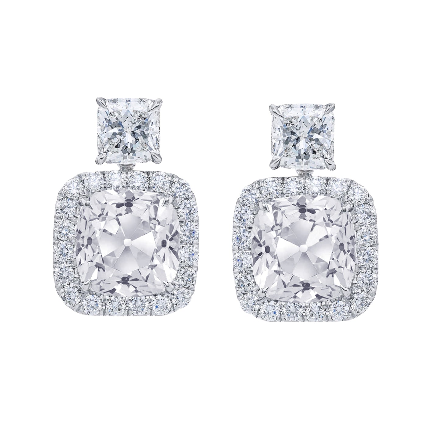 Old Cut Cushion & Princess Diamond Halo Drop Earrings