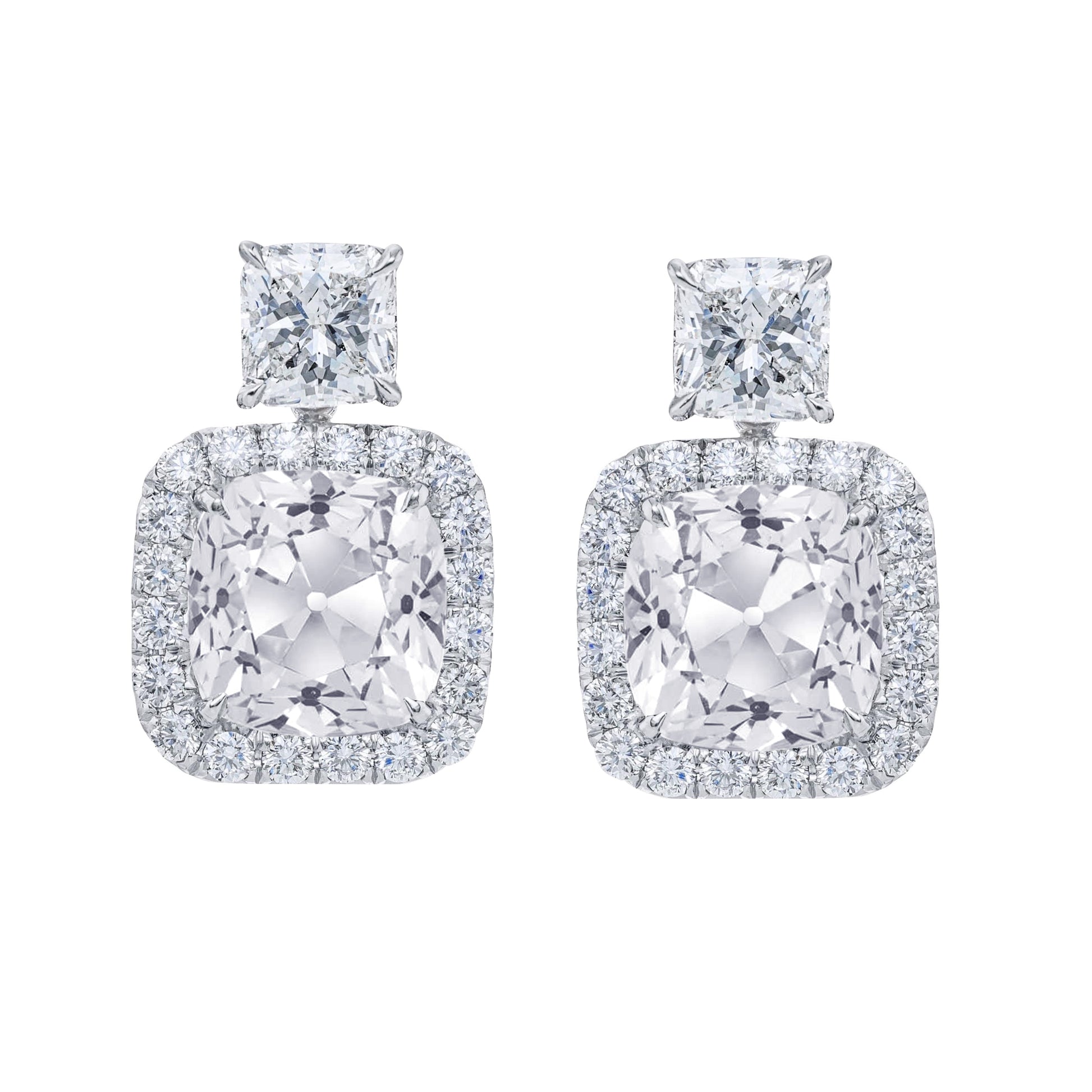 Old Cut Cushion & Princess Diamond Halo Drop Earrings