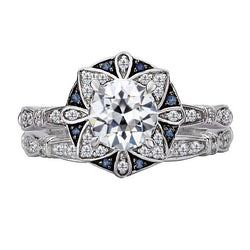 Womens Round Old Cut Diamond & Sapphire Wedding Ring Set 4 Carats