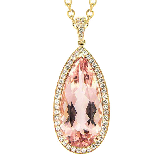 Yellow Gold 14K 16 Ct Big Morganite With Natural Earth Mined Diamonds Pendant Necklace