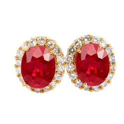 Yellow Gold 14K Oval Red Ruby And Diamond Stud Earring Pair 9 Ct