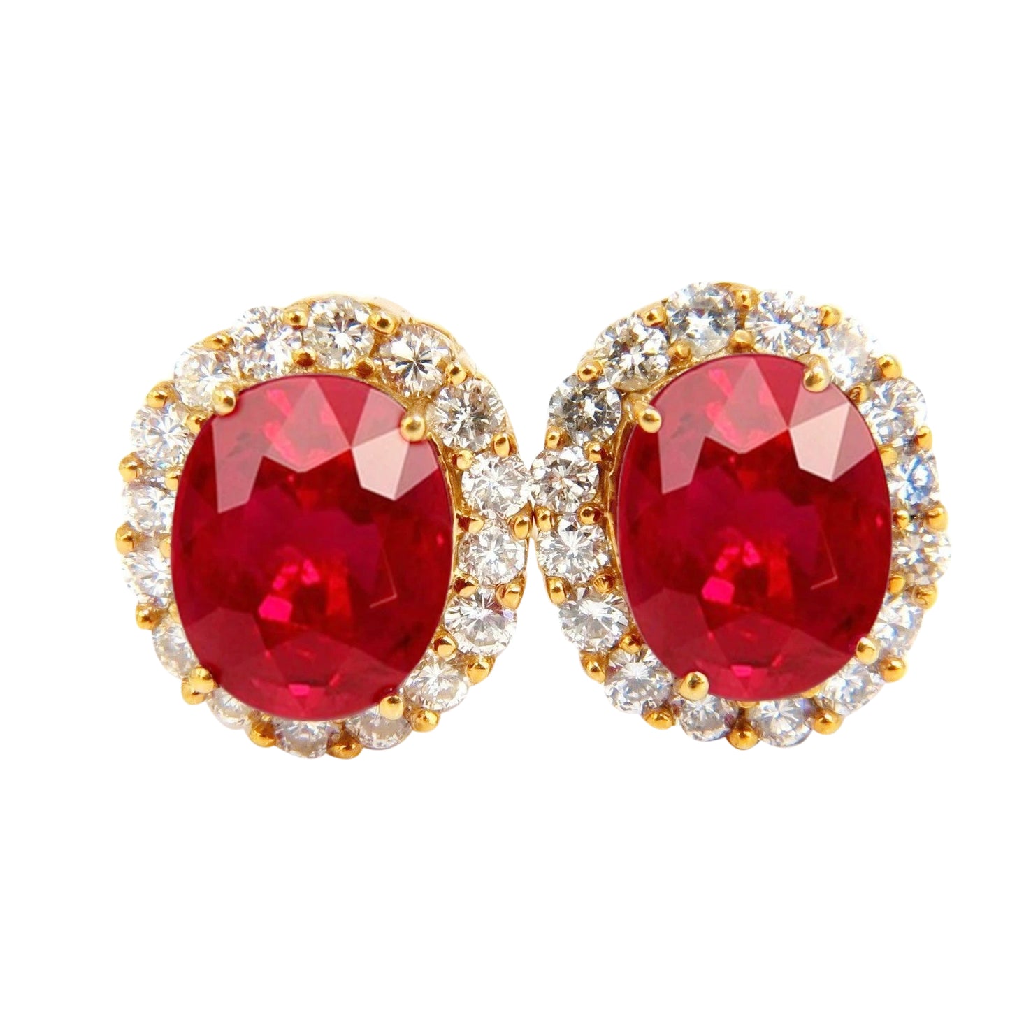 Yellow Gold  Oval Red Ruby And Diamond Stud Earring Pair