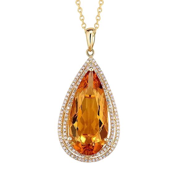 Yellow Gold 14K Pear Madeira Citrine With Round Diamonds Pendant 21 Ct