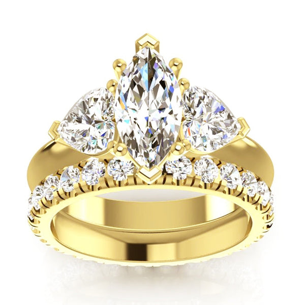 Yellow Gold 3 Stone Marquise & Heart Diamond Ring Yellow Gold Band Set