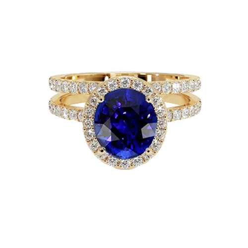 Yellow Gold Natural Earth Mined Diamond Engagement Ring Set Oval Ceylon Sapphire Jewelry