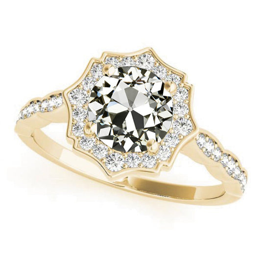 Yellow Gold Halo Old Miner Cut Diamond Ring Pave Set