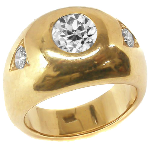 Yellow Gold Men's Ring Old Miner Round Diamonds Three Stone 