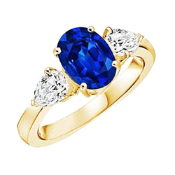 Yellow Gold Oval Blue Sapphire & Pear Natural Earth Mined Diamond 3 Stone Ring 5.25 Carats