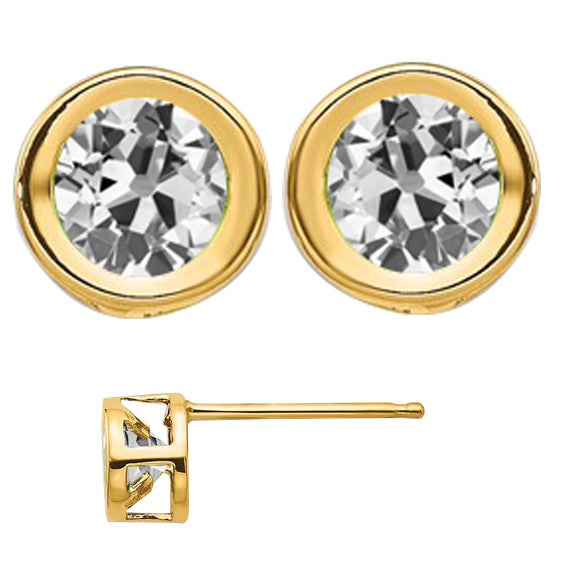 Yellow Gold Stud Natural Diamond Bezel Set Earrings Old Miner 4 Ct