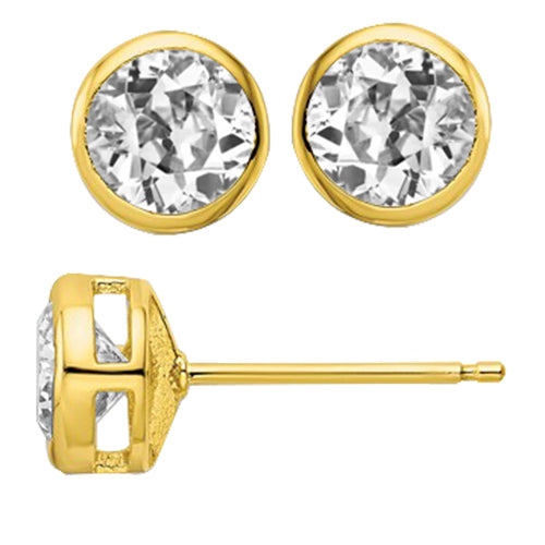 Yellow Gold Stud Earrings 3 Ct Old Miner Real Diamond Bezel Set
