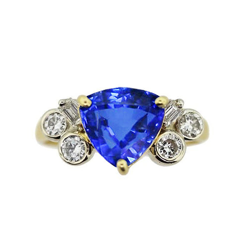 Yellow Gold Trillion Cut Sri Lanka Sapphire Natural Earth Mined Diamonds 6.11 Ct. Ring