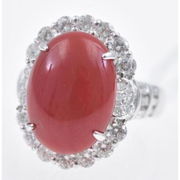 Anniversary Ring Fancy Lady’s  Set Red Coral With Diamonds White Gold  Gemstone Ring