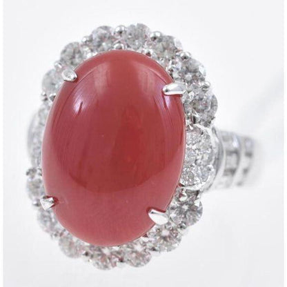 Anniversary Ring Fancy Lady’s  Set Red Coral With Diamonds White Gold  Gemstone Ring