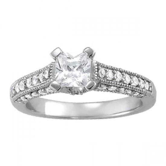 Antique Look Vintage Style White Gold Diamond Solitaire Ring with Accents 