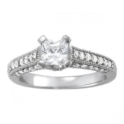 Antique Look Vintage Style White Gold Diamond Solitaire Ring with Accents 