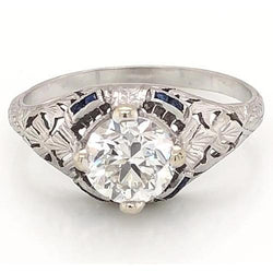 Antique Style Diamond Ring 1.50 Carats Blue Sapphire White Gold 14K