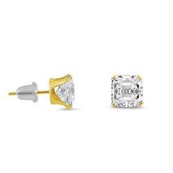 Asscher Cut 2 Carats Diamonds Studs Earrings Yellow Gold 14K New