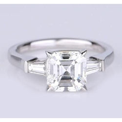 Asscher Cut And Baguettes Real Natural Earth Mined Diamond Ring Three Stone 2.50 Carats New