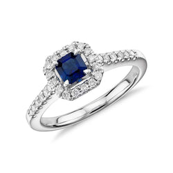 Asscher Cut Blue Sapphire And Diamond Ring White Gold 1.55 Carats