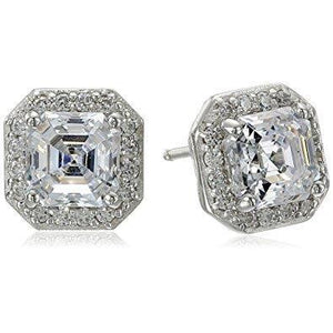 Asscher Cut Halo Diamond Stud Earring Solid White Gold Women Jewelry 